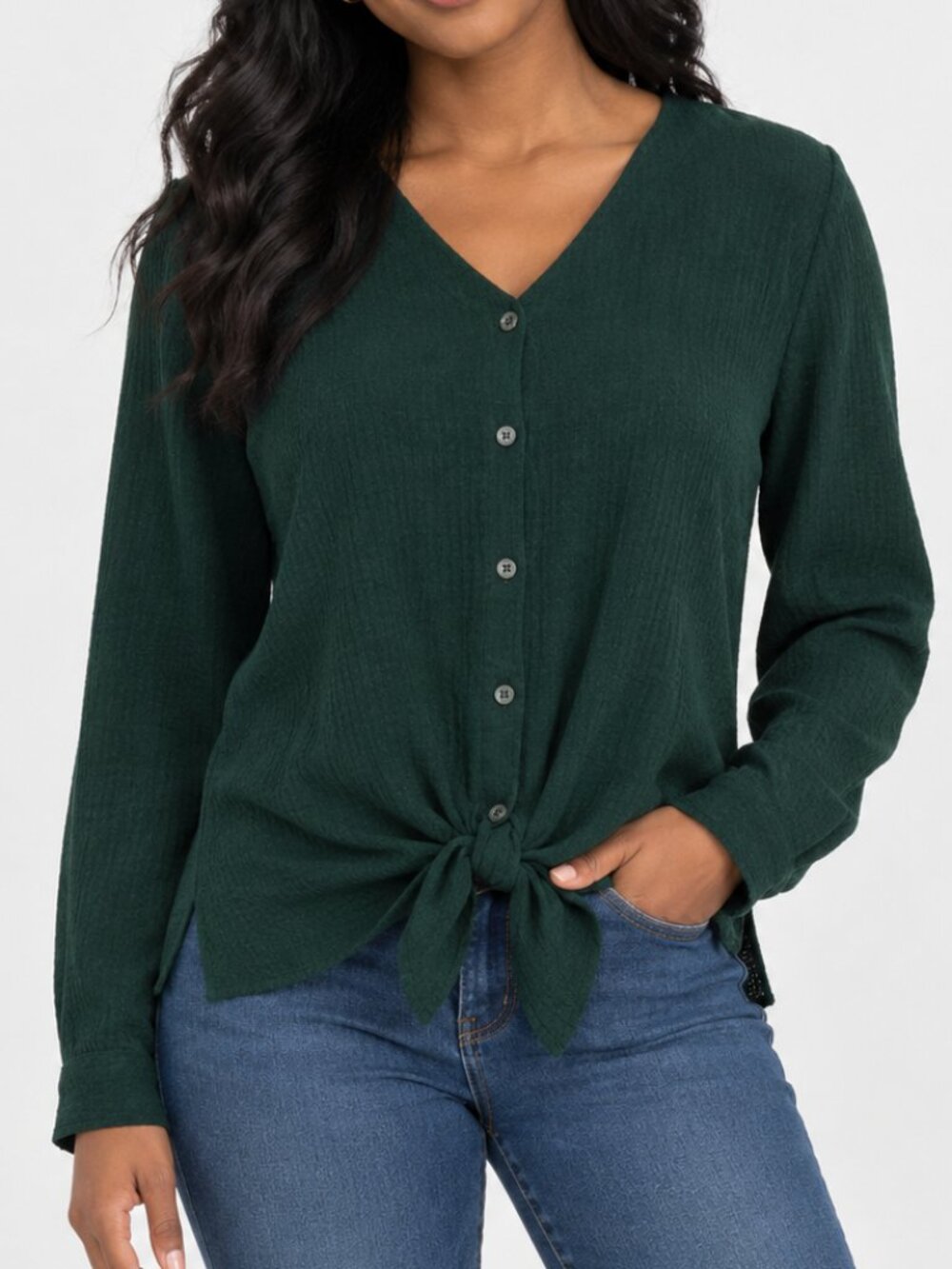 Style & Co Women Button Down Tie-Front Green Cardigan Sweater Top Blouse Medium